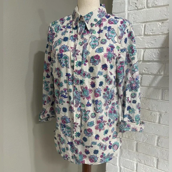Women’s Button-Down Floral Print — White with Teal & Purple - Picture 1 of 4